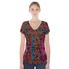 Retro multi colors pattern Created by FlipStylez Designs Short Sleeve Front Detail Top