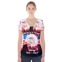 Independence Day, Eagle With Usa Flag Short Sleeve Front Detail Top by FantasyWorld7
