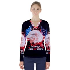 Independence Day, Eagle With Usa Flag V-neck Long Sleeve Top by FantasyWorld7