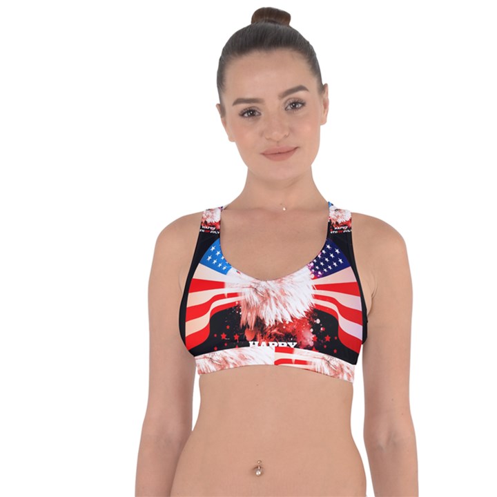 Independence Day, Eagle With Usa Flag Cross String Back Sports Bra
