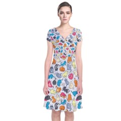 Funny Cute Colorful Cats Pattern Short Sleeve Front Wrap Dress