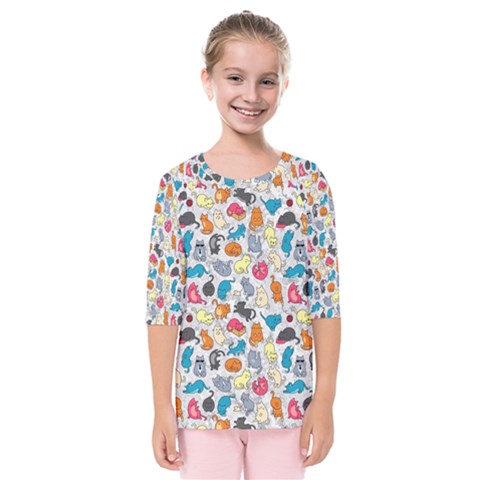 Funny Cute Colorful Cats Pattern Kids  Quarter Sleeve Raglan Tee by EDDArt