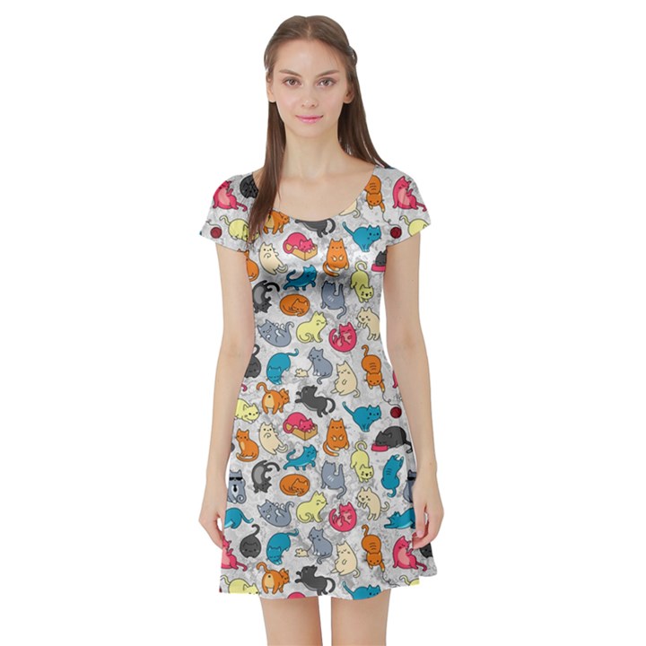 Funny Cute Colorful Cats Pattern Short Sleeve Skater Dress