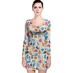 Funny Cute Colorful Cats Pattern Long Sleeve Velvet Bodycon Dress by EDDArt