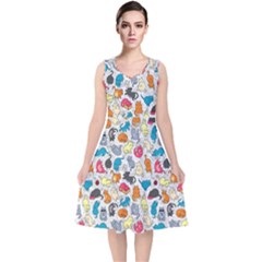 Funny Cute Colorful Cats Pattern V-neck Midi Sleeveless Dress 