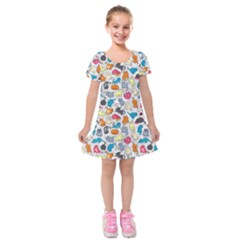 Funny Cute Colorful Cats Pattern Kids  Short Sleeve Velvet Dress