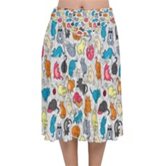 Funny Cute Colorful Cats Pattern Velvet Flared Midi Skirt by EDDArt