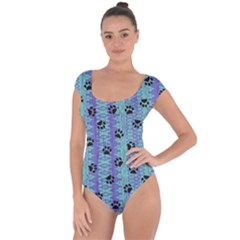 Footprints Cat Black On Batik Pattern Teal Violet Short Sleeve Leotard 