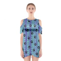 Footprints Cat Black On Batik Pattern Teal Violet Shoulder Cutout One Piece