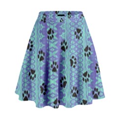 Footprints Cat Black On Batik Pattern Teal Violet High Waist Skirt by EDDArt