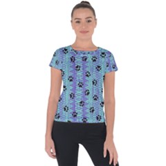 Footprints Cat Black On Batik Pattern Teal Violet Short Sleeve Sports Top 