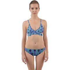 Footprints Cat Black On Batik Pattern Teal Violet Wrap Around Bikini Set