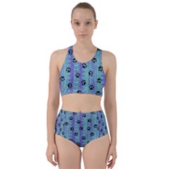 Footprints Cat Black On Batik Pattern Teal Violet Racer Back Bikini Set by EDDArt