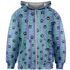 Footprints Cat Black On Batik Pattern Teal Violet Kids Zipper Hoodie Without Drawstring by EDDArt