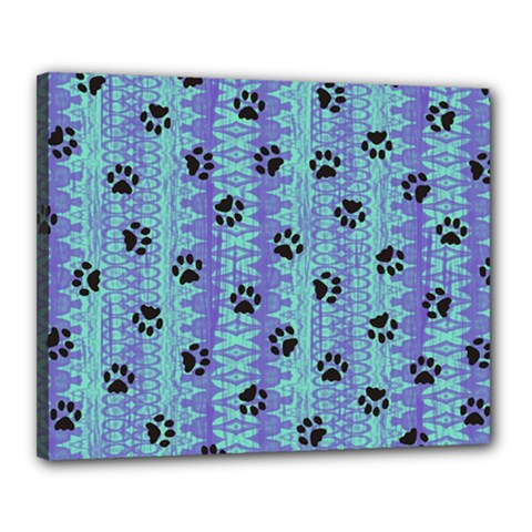 Footprints Cat Black On Batik Pattern Teal Violet Canvas 20  X 16  by EDDArt