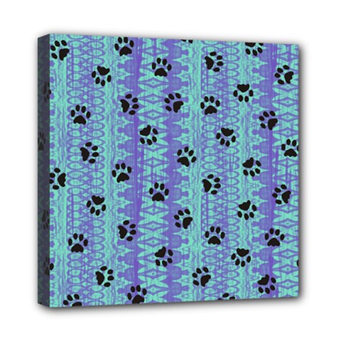Footprints Cat Black On Batik Pattern Teal Violet Mini Canvas 8  X 8  by EDDArt