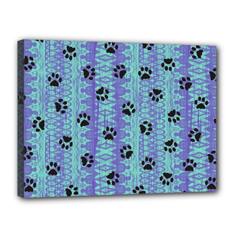 Footprints Cat Black On Batik Pattern Teal Violet Canvas 16  X 12  by EDDArt