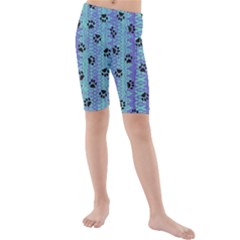 Footprints Cat Black On Batik Pattern Teal Violet Kids  Mid Length Swim Shorts by EDDArt