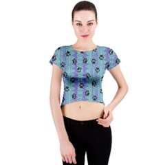 Footprints Cat Black On Batik Pattern Teal Violet Crew Neck Crop Top by EDDArt