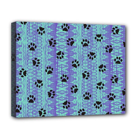 Footprints Cat Black On Batik Pattern Teal Violet Deluxe Canvas 20  X 16   by EDDArt