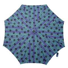 Footprints Cat Black On Batik Pattern Teal Violet Hook Handle Umbrellas (medium) by EDDArt