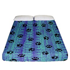 Footprints Cat Black On Batik Pattern Teal Violet Fitted Sheet (california King Size) by EDDArt