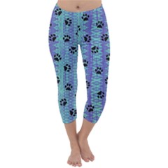 Footprints Cat Black On Batik Pattern Teal Violet Capri Winter Leggings  by EDDArt