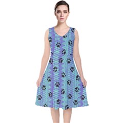 Footprints Cat Black On Batik Pattern Teal Violet V-neck Midi Sleeveless Dress  by EDDArt