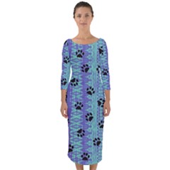 Footprints Cat Black On Batik Pattern Teal Violet Quarter Sleeve Midi Bodycon Dress by EDDArt