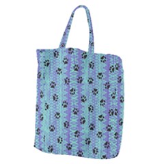 Footprints Cat Black On Batik Pattern Teal Violet Giant Grocery Tote by EDDArt