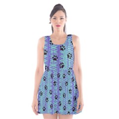 Footprints Cat Black On Batik Pattern Teal Violet Scoop Neck Skater Dress by EDDArt