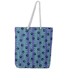 Footprints Cat Black On Batik Pattern Teal Violet Full Print Rope Handle Tote (large) by EDDArt