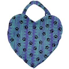 Footprints Cat Black On Batik Pattern Teal Violet Giant Heart Shaped Tote by EDDArt