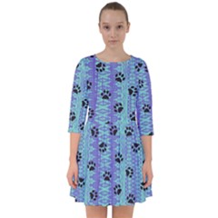 Footprints Cat Black On Batik Pattern Teal Violet Smock Dress by EDDArt