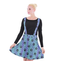 Footprints Cat Black On Batik Pattern Teal Violet Suspender Skater Skirt by EDDArt