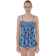 Footprints Cat Black On Batik Pattern Teal Violet Babydoll Tankini Set by EDDArt