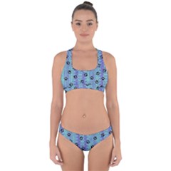 Footprints Cat Black On Batik Pattern Teal Violet Cross Back Hipster Bikini Set by EDDArt