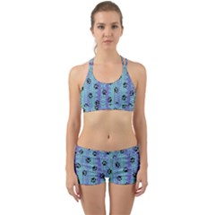 Footprints Cat Black On Batik Pattern Teal Violet Back Web Gym Set by EDDArt