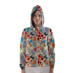 Hipster Triangles And Funny Cats Cut Pattern Hooded Windbreaker (women) by EDDArt