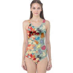 Hipster Triangles And Funny Cats Cut Pattern One Piece Swimsuit by EDDArt