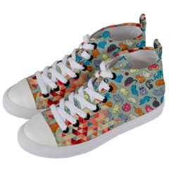 Hipster Triangles And Funny Cats Cut Pattern Women s Mid-top Canvas Sneakers by EDDArt