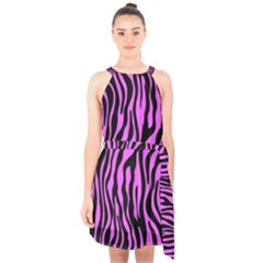 Zebra Stripes Pattern Trend Colors Black Pink Halter Collar Waist Tie Chiffon Dress by EDDArt