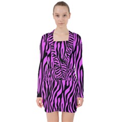 Zebra Stripes Pattern Trend Colors Black Pink V-neck Bodycon Long Sleeve Dress by EDDArt