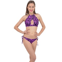 Zebra Stripes Pattern Trend Colors Black Pink Cross Front Halter Bikini Set by EDDArt