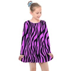 Zebra Stripes Pattern Trend Colors Black Pink Kids  Long Sleeve Dress by EDDArt