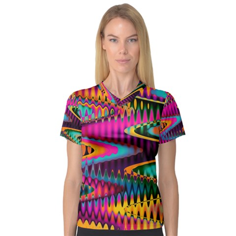 Multicolored Wave Distortion Zigzag Chevrons V-neck Sport Mesh Tee by EDDArt