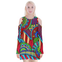 Pop Art Paisley Flowers Ornaments Multicolored 2 Velvet Long Sleeve Shoulder Cutout Dress by EDDArt