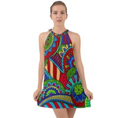 Pop Art Paisley Flowers Ornaments Multicolored 2 Halter Tie Back Chiffon Dress by EDDArt