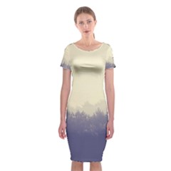 Cloudy Foggy Forest with pine trees Classic Short Sleeve Midi Dress