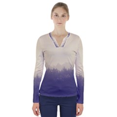 Cloudy Foggy Forest with pine trees V-Neck Long Sleeve Top